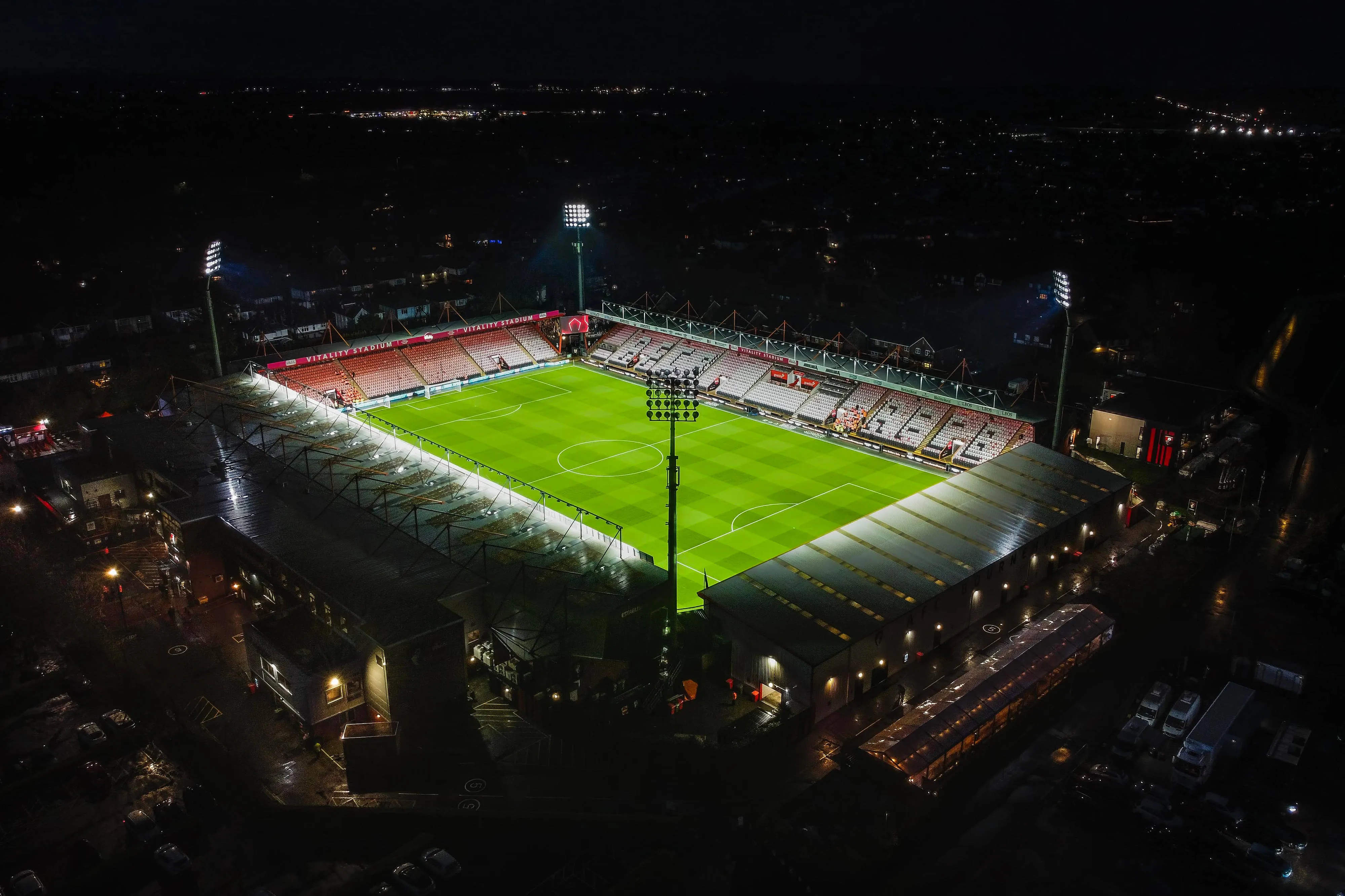 Aerial view of the floodlit Vitality Stadium