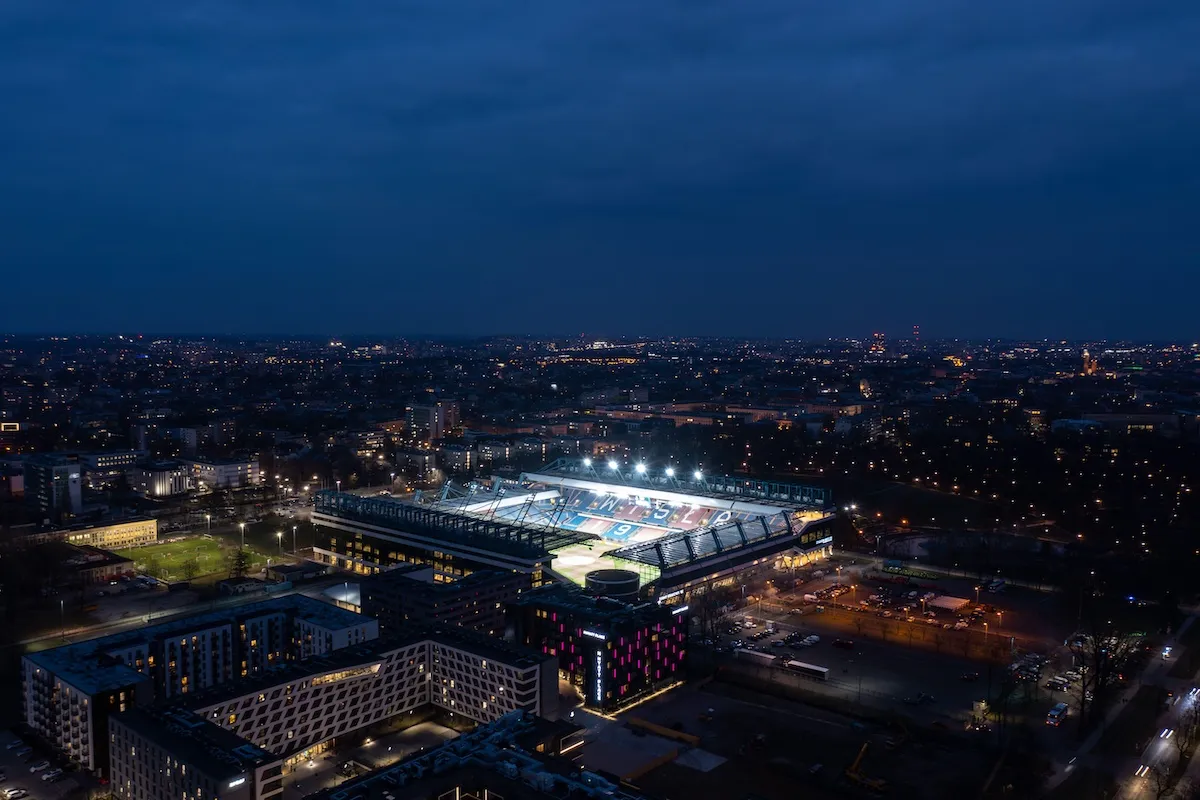 Aerial view of Henryk Reyman Municipal Stadium on March 19, 2026