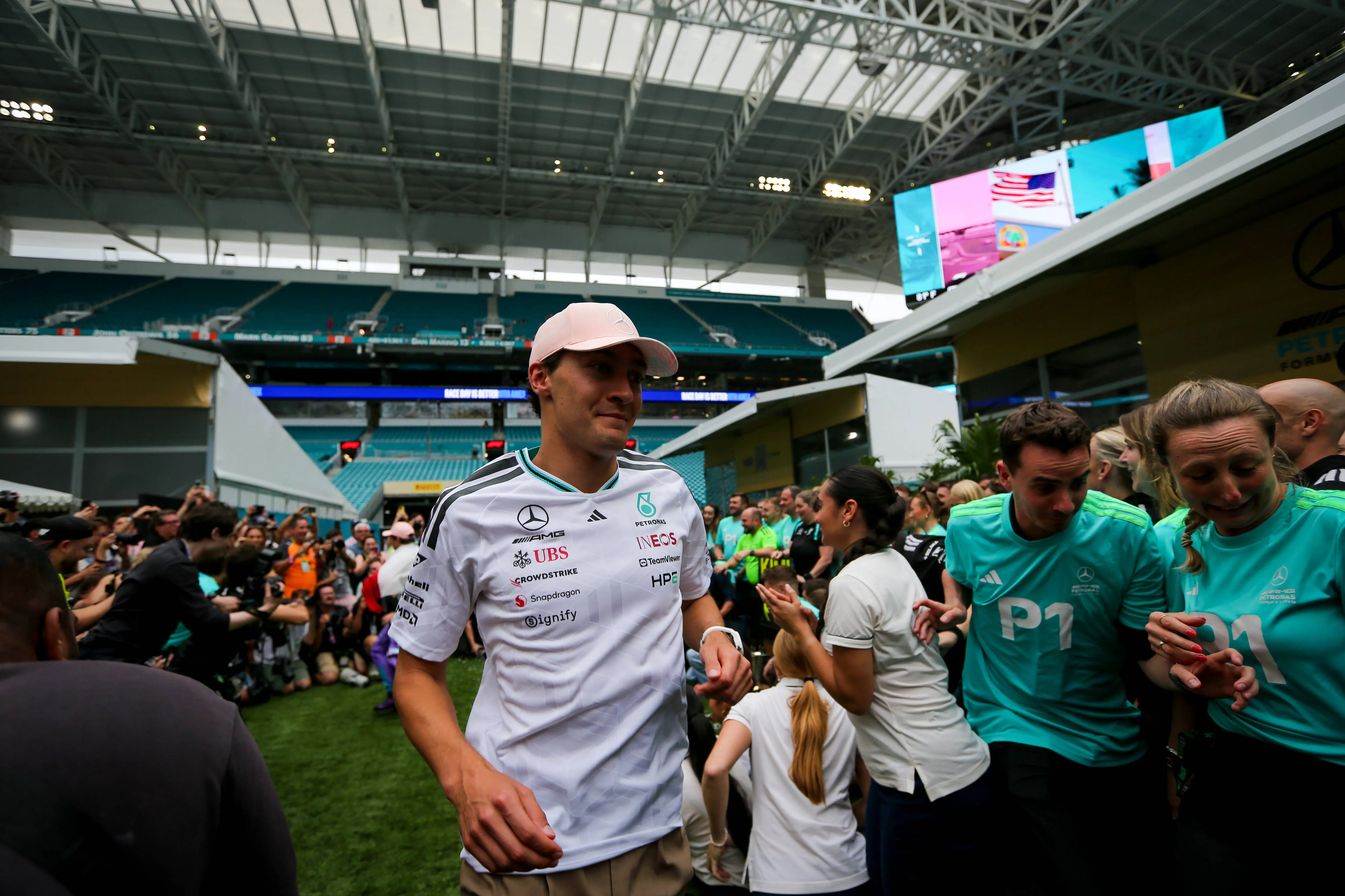 Kimi Antonelli celebrates victory during Miami Grand Prix 2026 inside Hard Rock Stadium