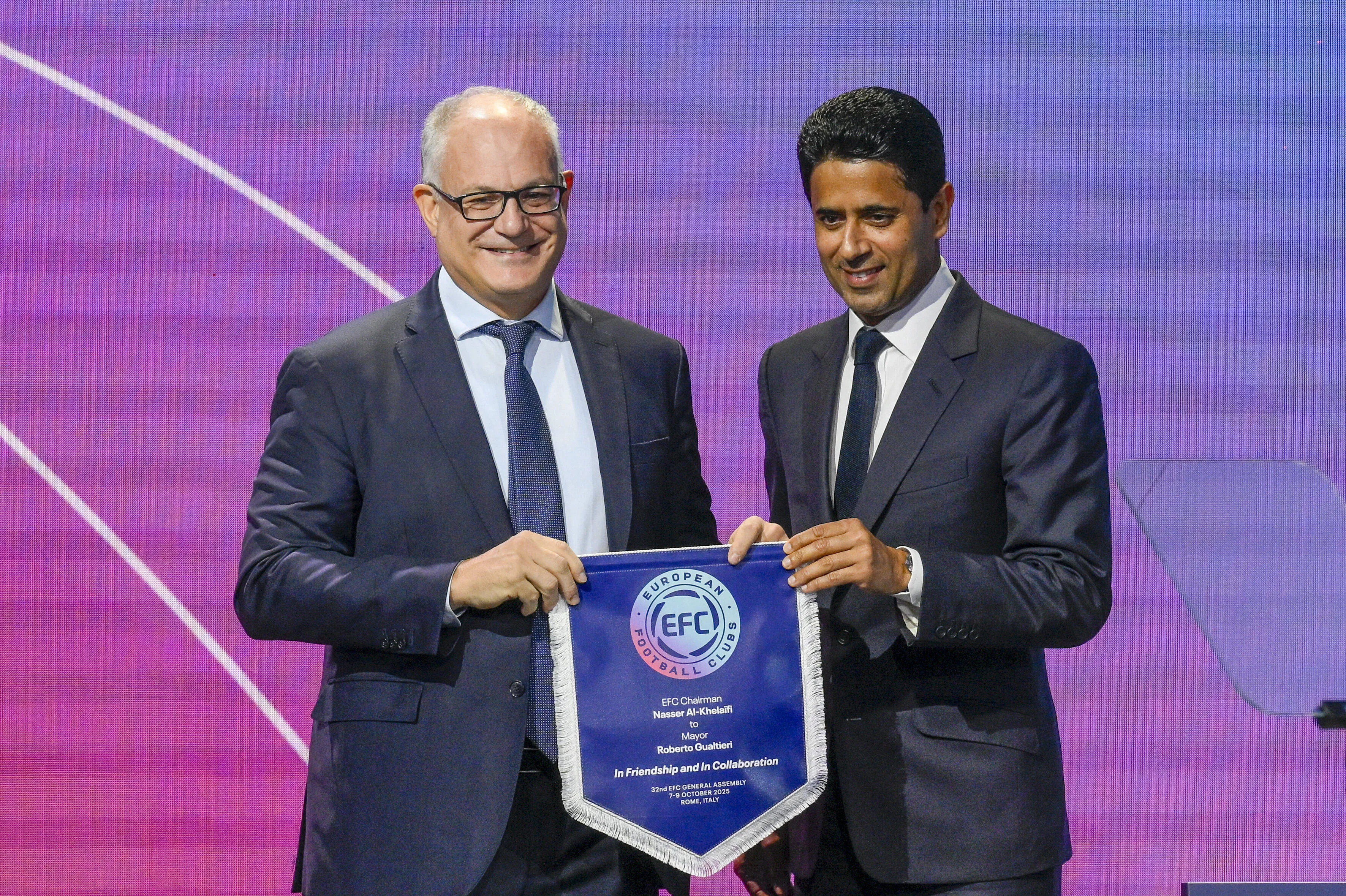 Mayor of Rome Roberto Gualtieri and PSG president Nasser Al-Khelaifi