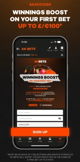 AK Bets app: winnings boost on your first bet