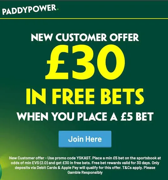 Paddy power welcome offer get 30 in free bets