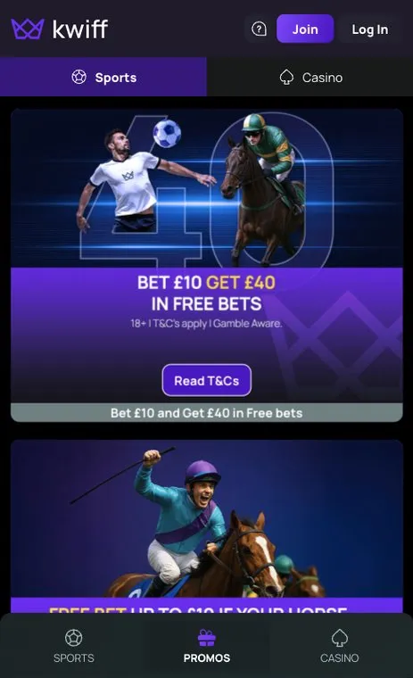 Kwiff promotions page on mobile with its sports welcome offer at the top