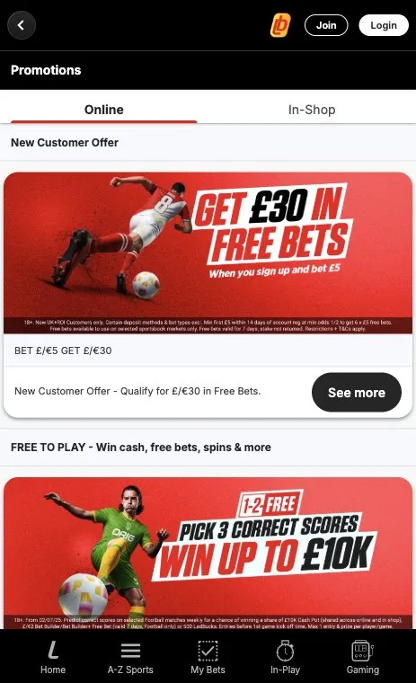 Ladbrokes promotions page on mobile