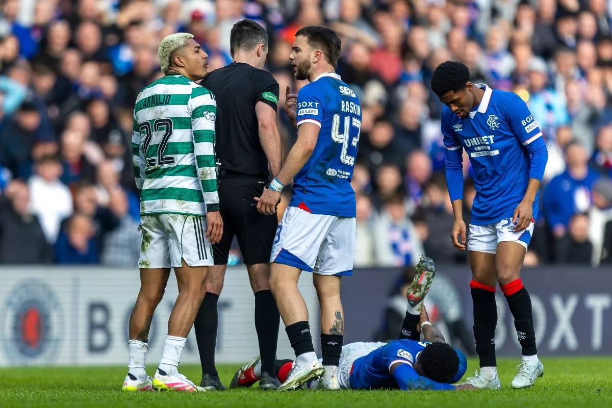 Rangers midfielder Nicolas Raskin and Celtic defender Julian Araujo clash during Old Firm Derby