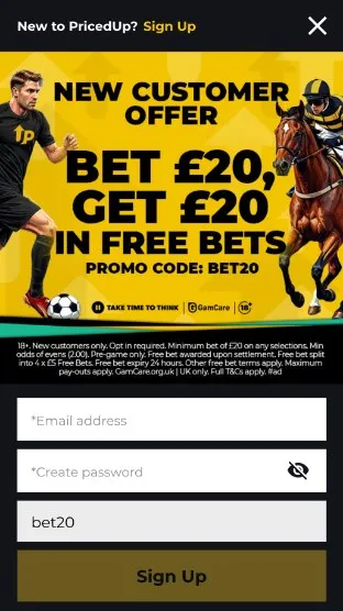 Priced Up sign up offer: bet &pound;20, get &pound;20 in free bets with promo code BET20