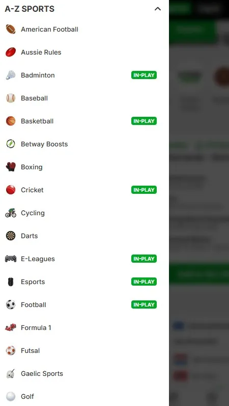 betway available sports