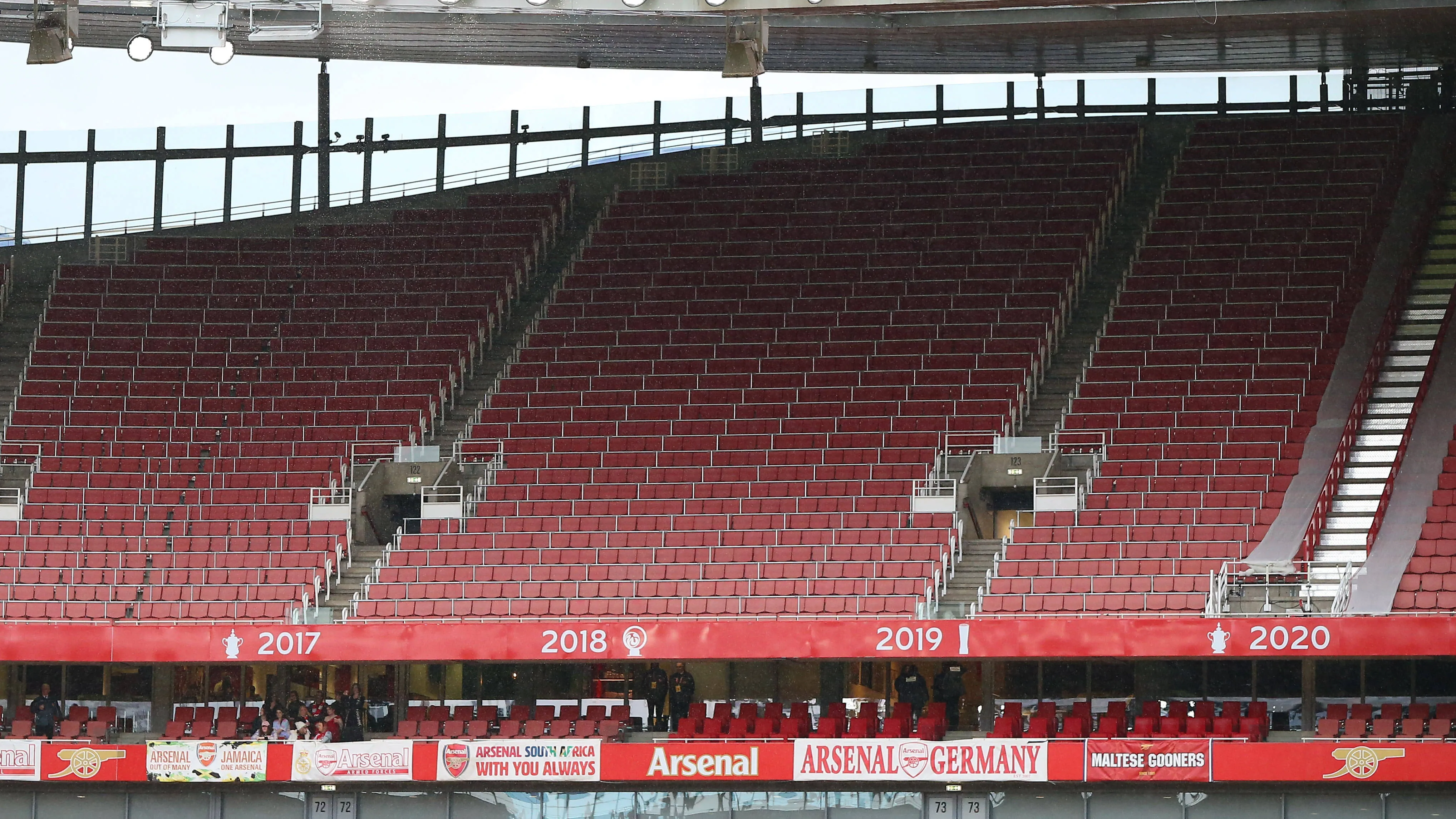 View of the Clock End upper tier, which has safe standing rails at the Emirates Stadium