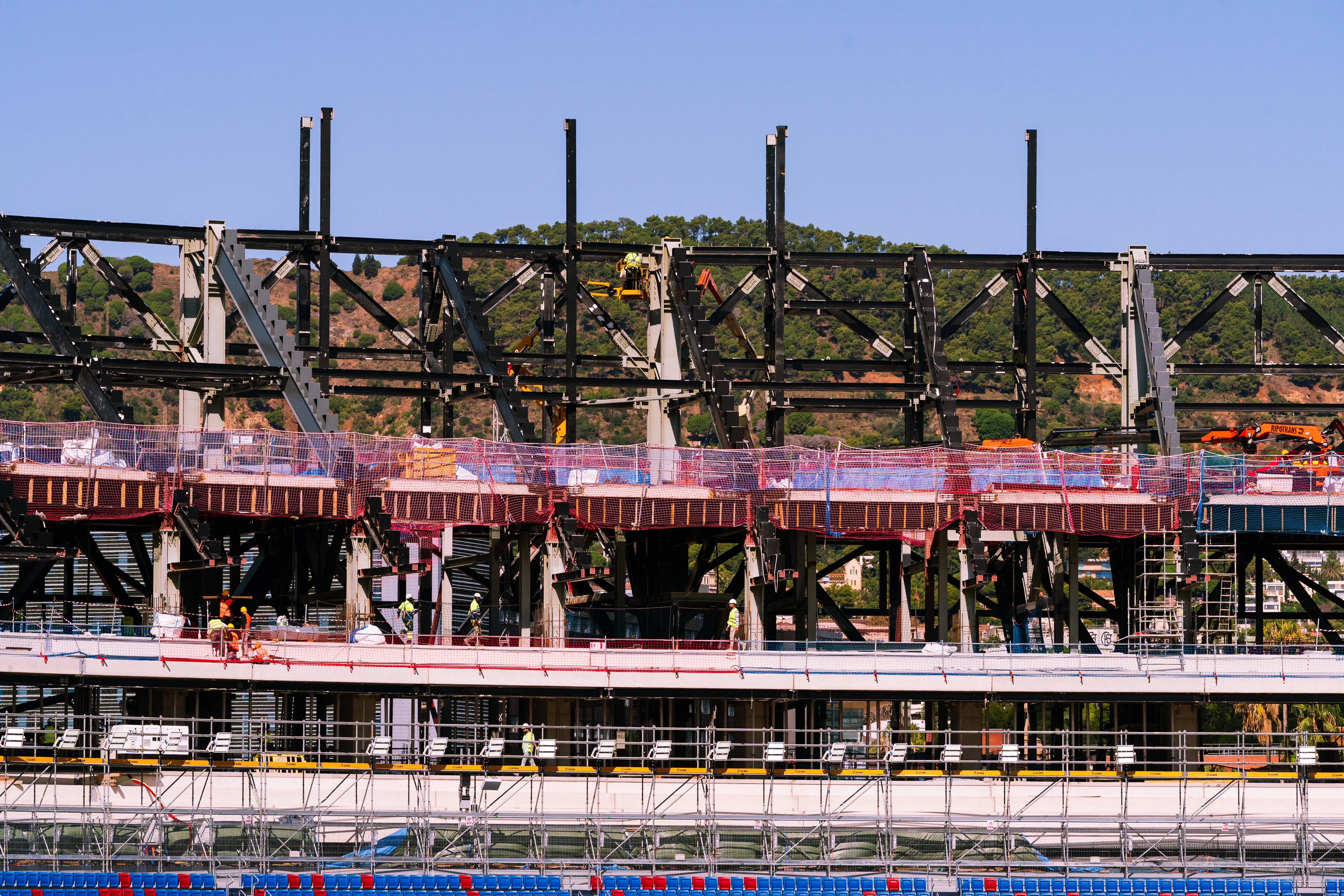 View of the iron structure of the third tier inside Camp Nou