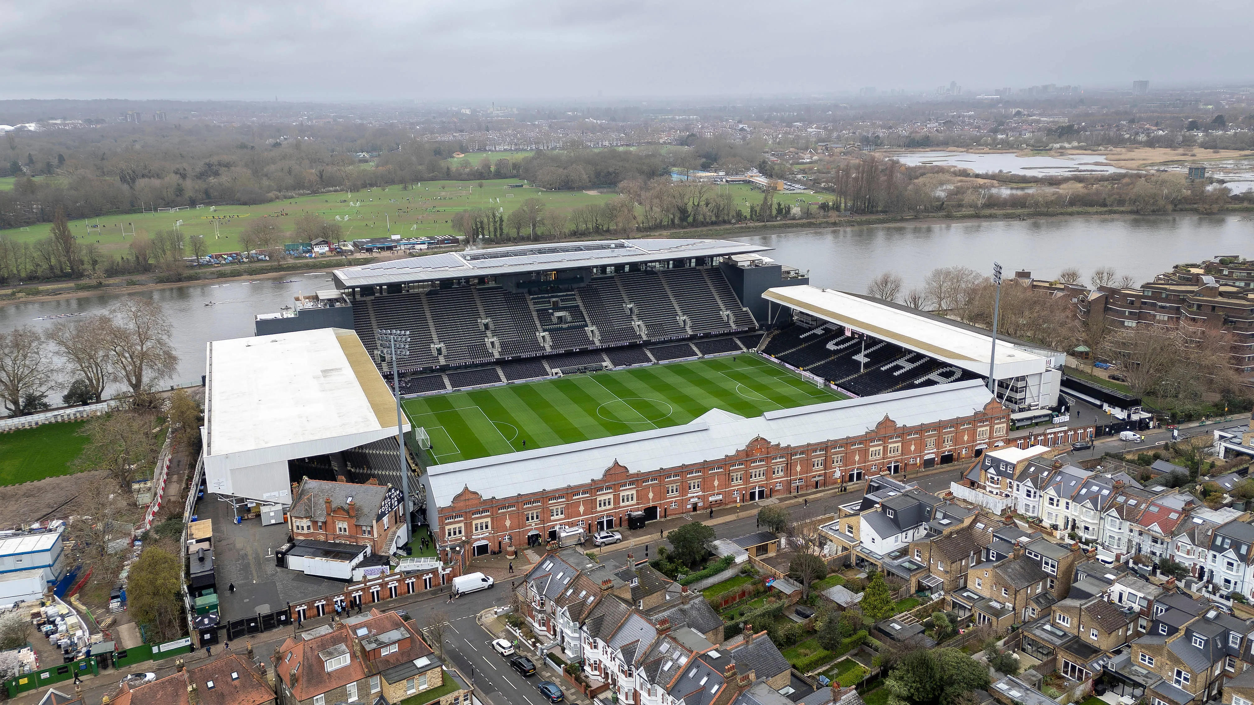 Aerial stadium view outside Craven Cottage