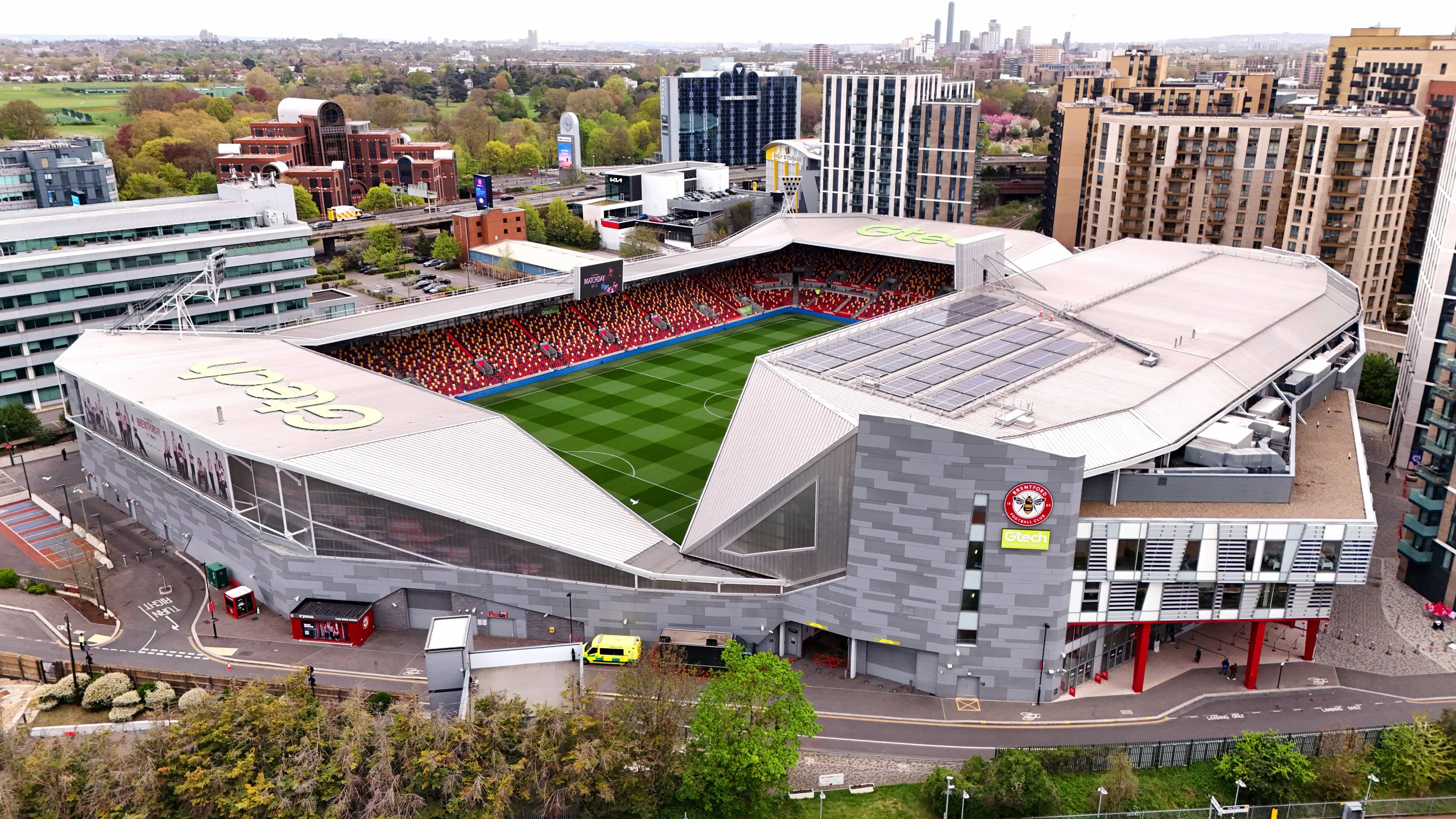 Aerial view of the Gtech Community Stadium, Brentford