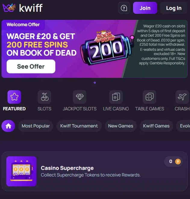 Kwiff Casino welcome offer - free spins on Book of Dead