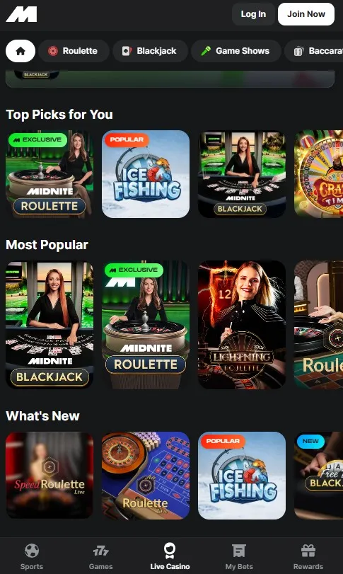 midnite live casino top games