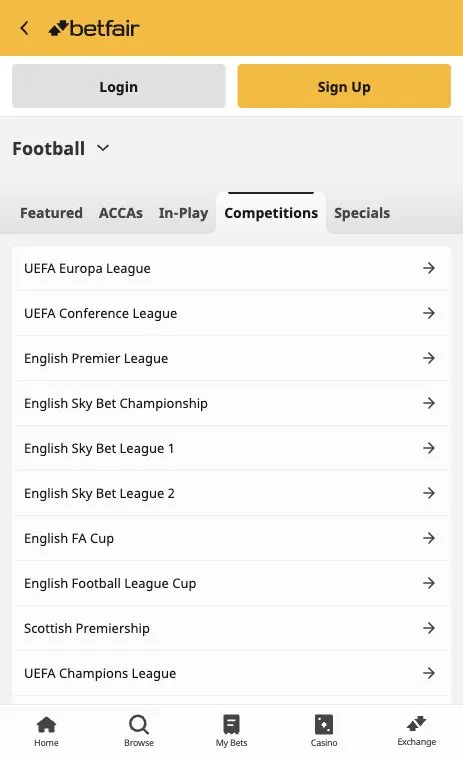 Betfair Sportsbook football competitions on mobile