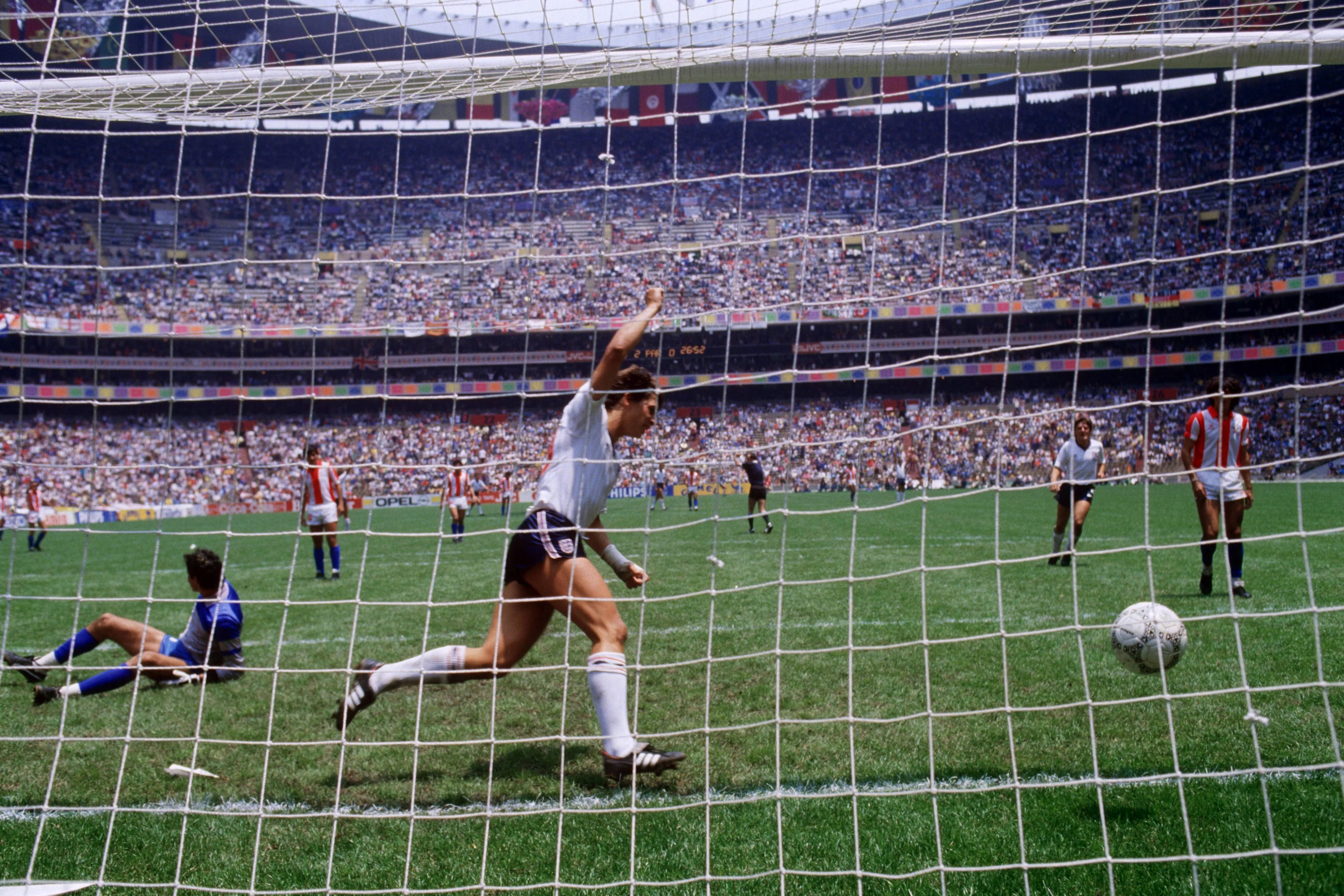 Gary Lineker celebrates scoring at the Azteca