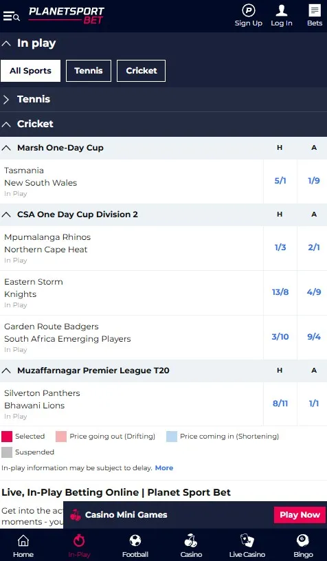 planet sport bet in play tennis and cricket