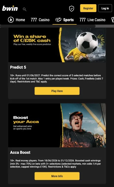Bwin sports promotions page on mobile