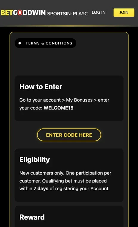 BetGoodwin sportsbook welcome offer page on mobile with how to enter the code