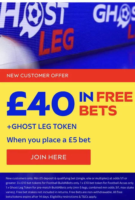 Sky Bet welcome offer: bet &pound;5 and get &pound;40 in free bets plus a Ghost Leg token