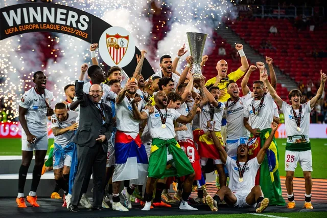 Europa League draw - Sevilla players celebrating Europa League title win 