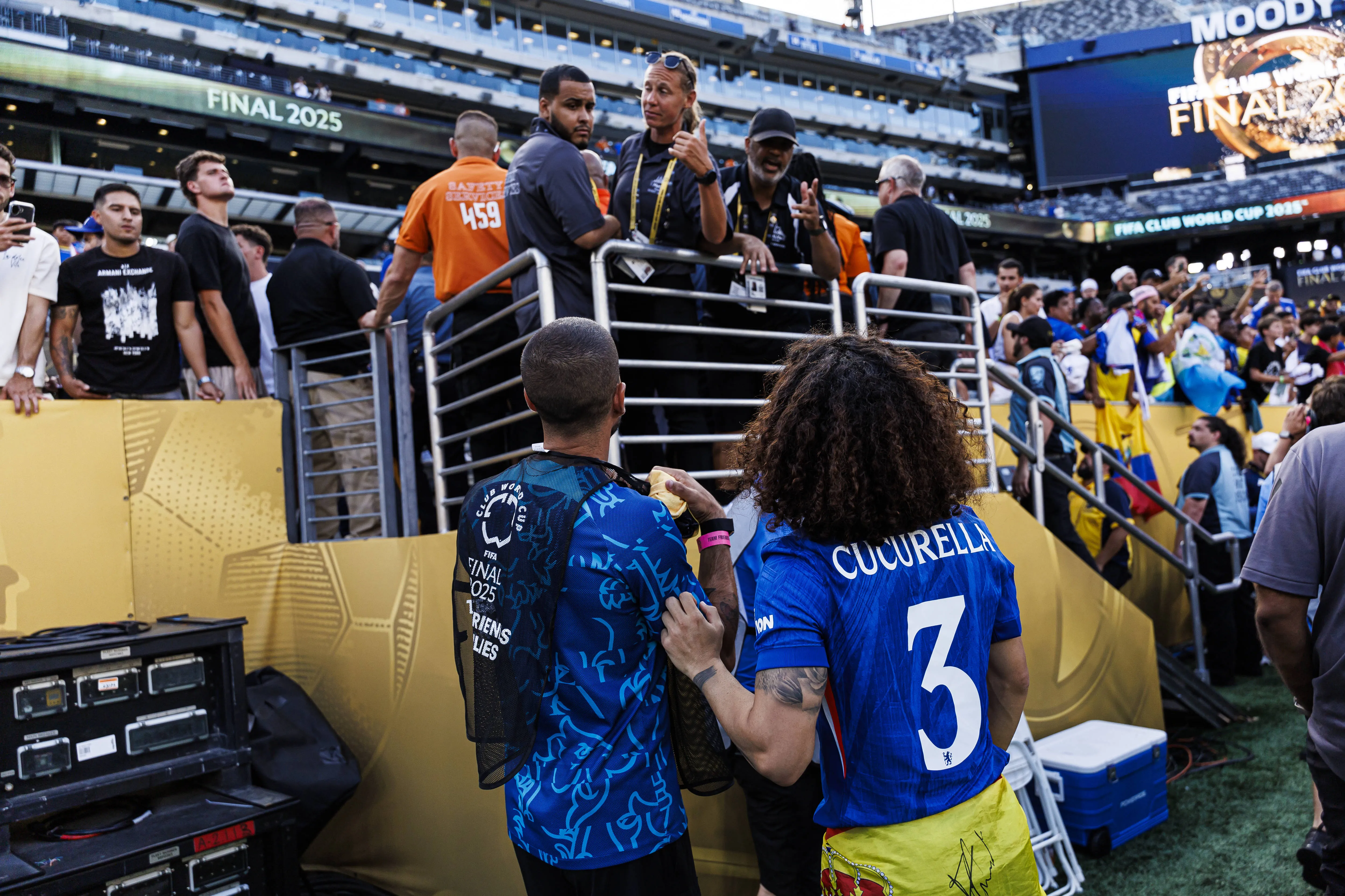 Marc Cucurella of Chelsea FC talks to security during the 2025 Club World Cup final at MetLife Stadium