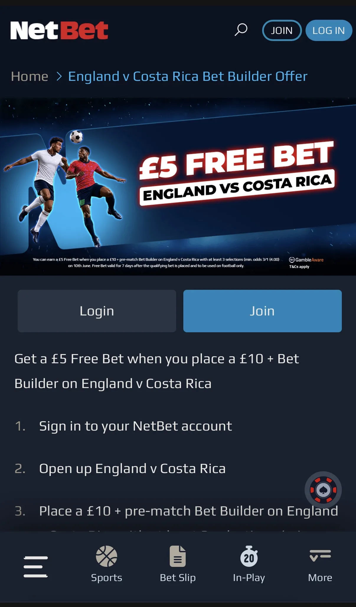 NetBet World Cup England free bet