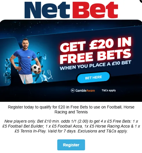 netbet sign up offer: get &pound;20 free bets using promo code Netground