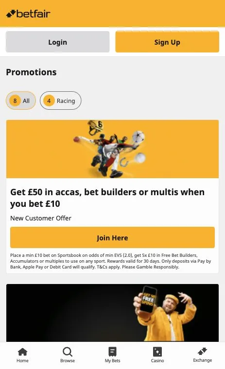 Betfair sports promotions page on mobile