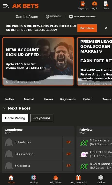 AK Bets mobile homepage with its promotions carousel, including the new account sign up offer