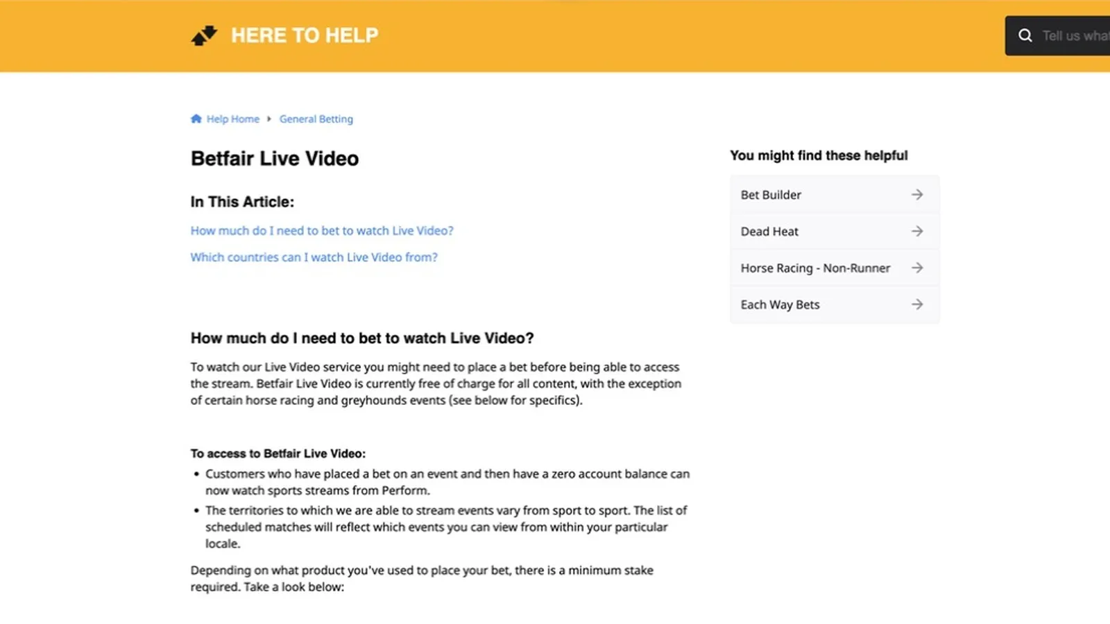 Betfair help page stating Live Video is free of charge except for certain horse racing and greyhound events