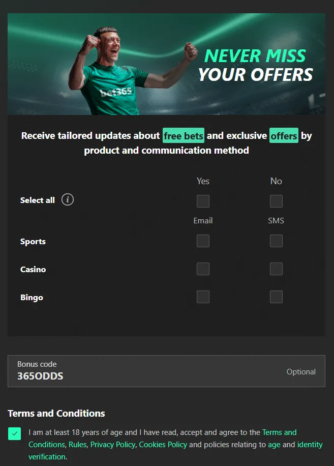 registration steps to claim the bet365 sign up offer