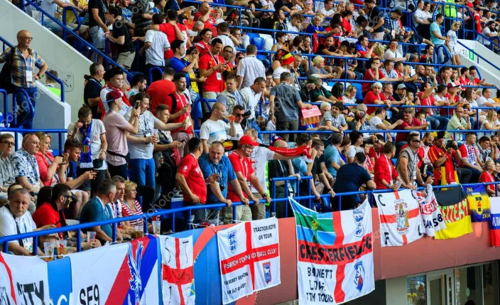 England fans in the stands of Kaliningrad Stadium during the FIFA World Cup 2018 