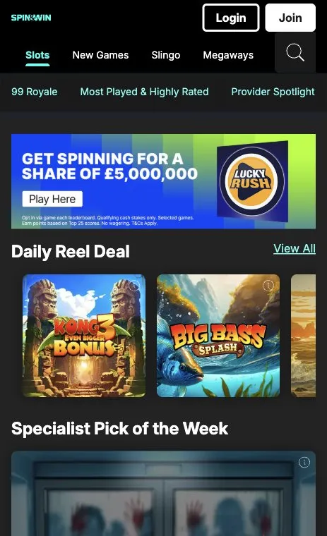 Spin and Win slots lobby on mobile