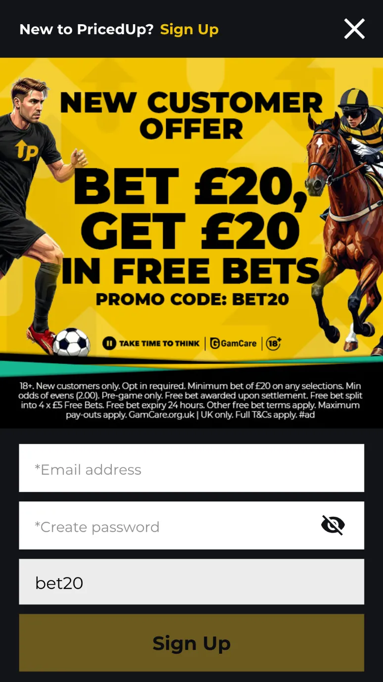 Priced Up sports welcome offer: bet &pound;20, get &pound;20 in free bets with promo code BET20