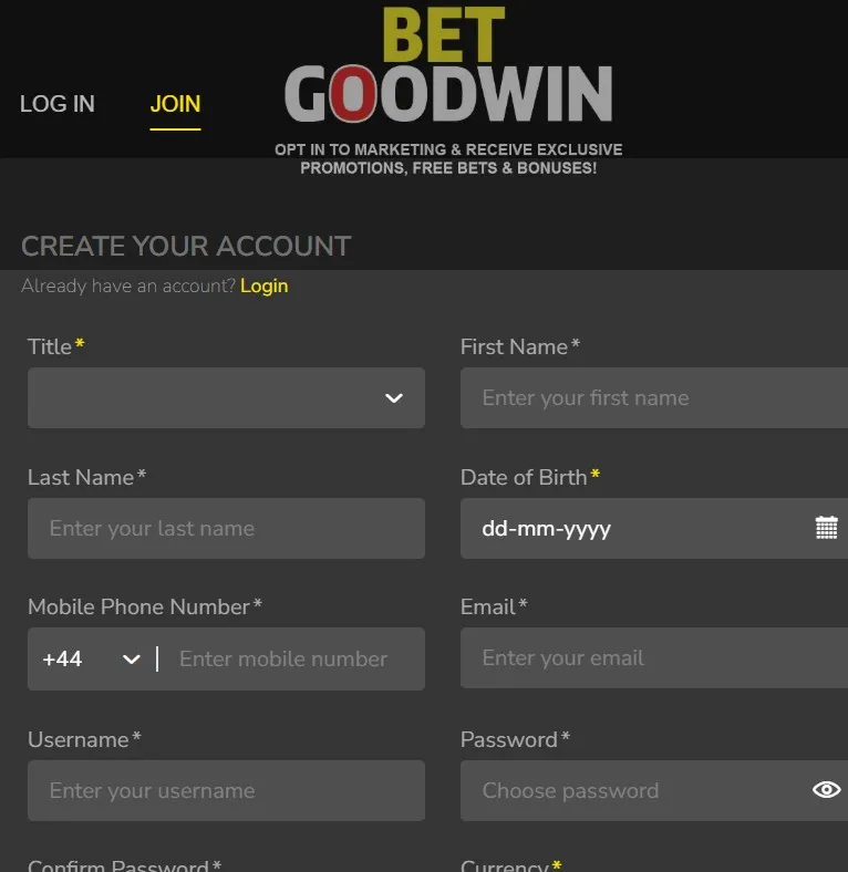 Betgoodwin registration page