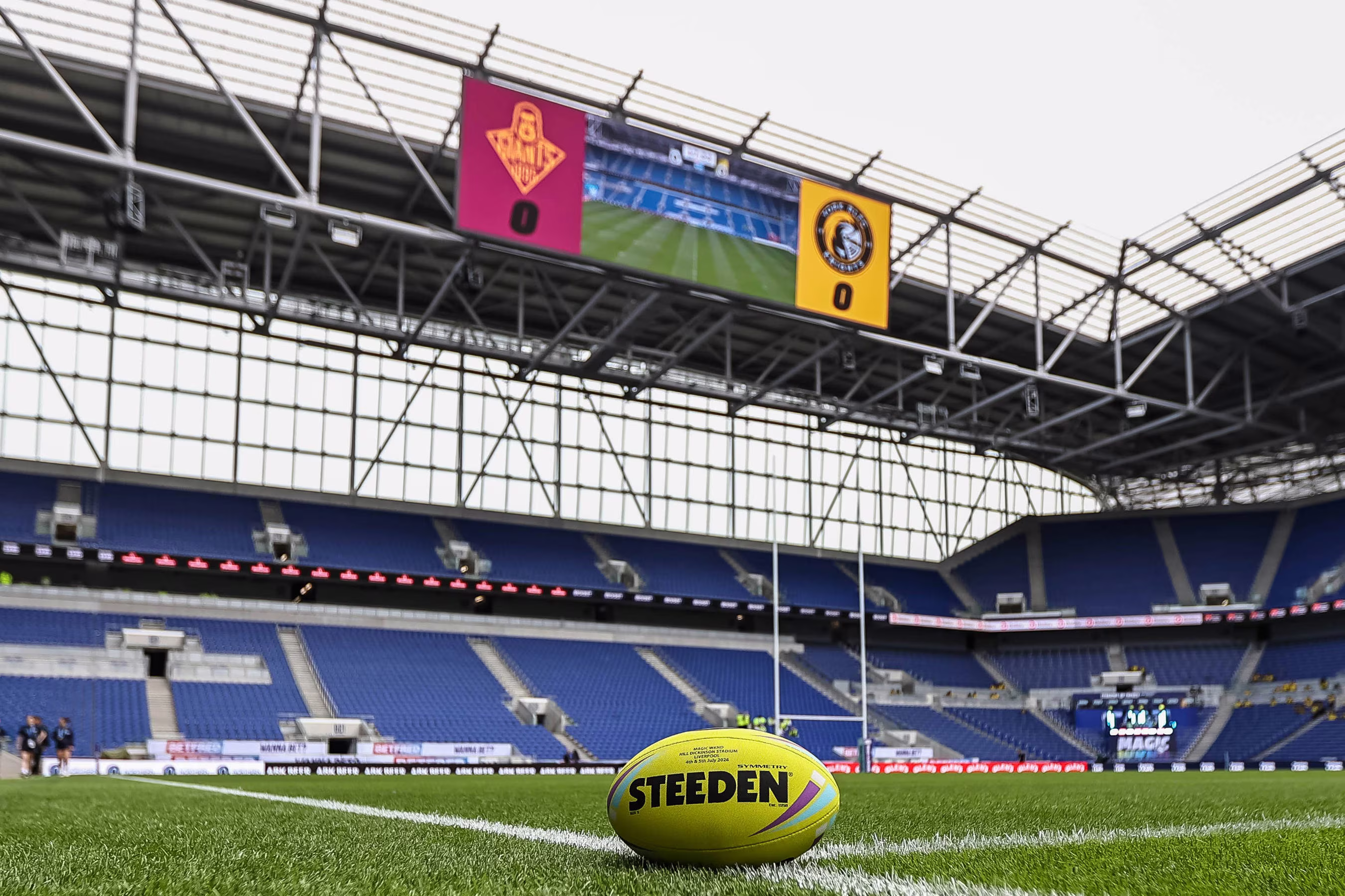 A view of the scoreboard and ball during the BetFred Super League match between Huddersfield Giants and York City Knights at Hill Dickinson Stadium