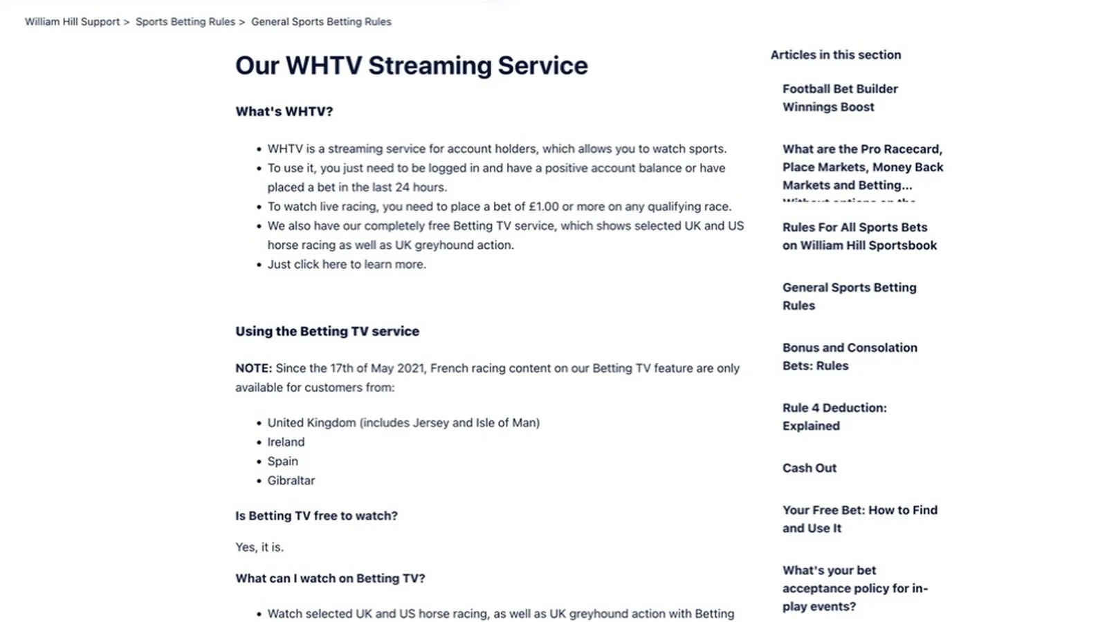 William Hill WHTV help page stating streaming needs a positive account balance or a bet in the last 24 hours