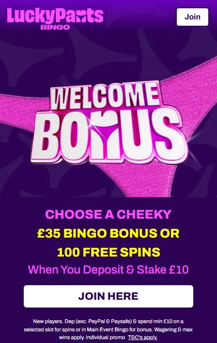 lucky pants bingo promo code offer: get &pound;35 bingo bonus or 100 free spins