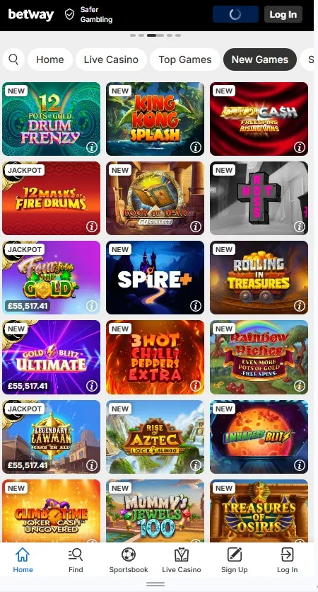 betway casino review section with new games