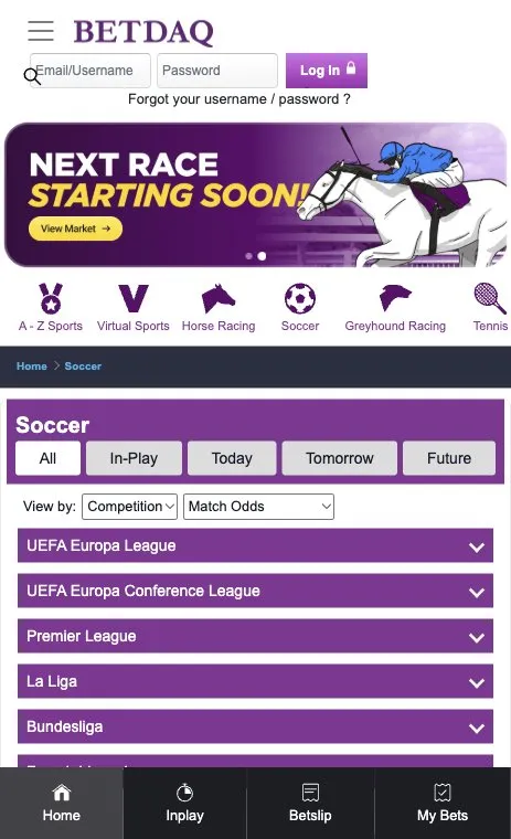 Betdaq football exchange page with competitions on mobile