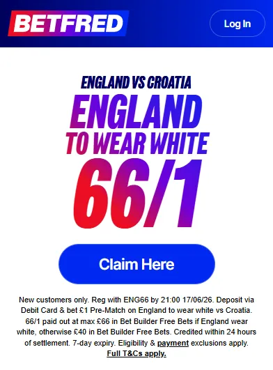 Betfred: Bet &pound;1 on England's kit colour, get up to &pound;66 in World Cup free bets