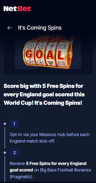 NetBet It's Coming Spins: free spins for every England goal