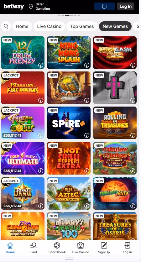betway casino review section with new games