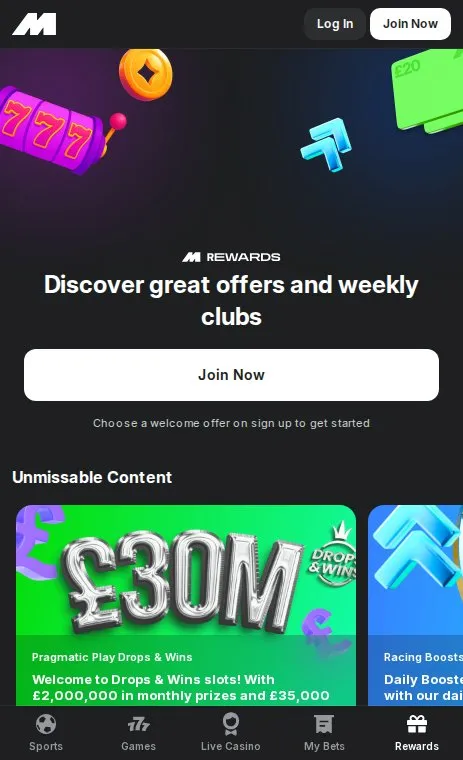 Midnite Rewards page on mobile listing its offers and weekly clubs