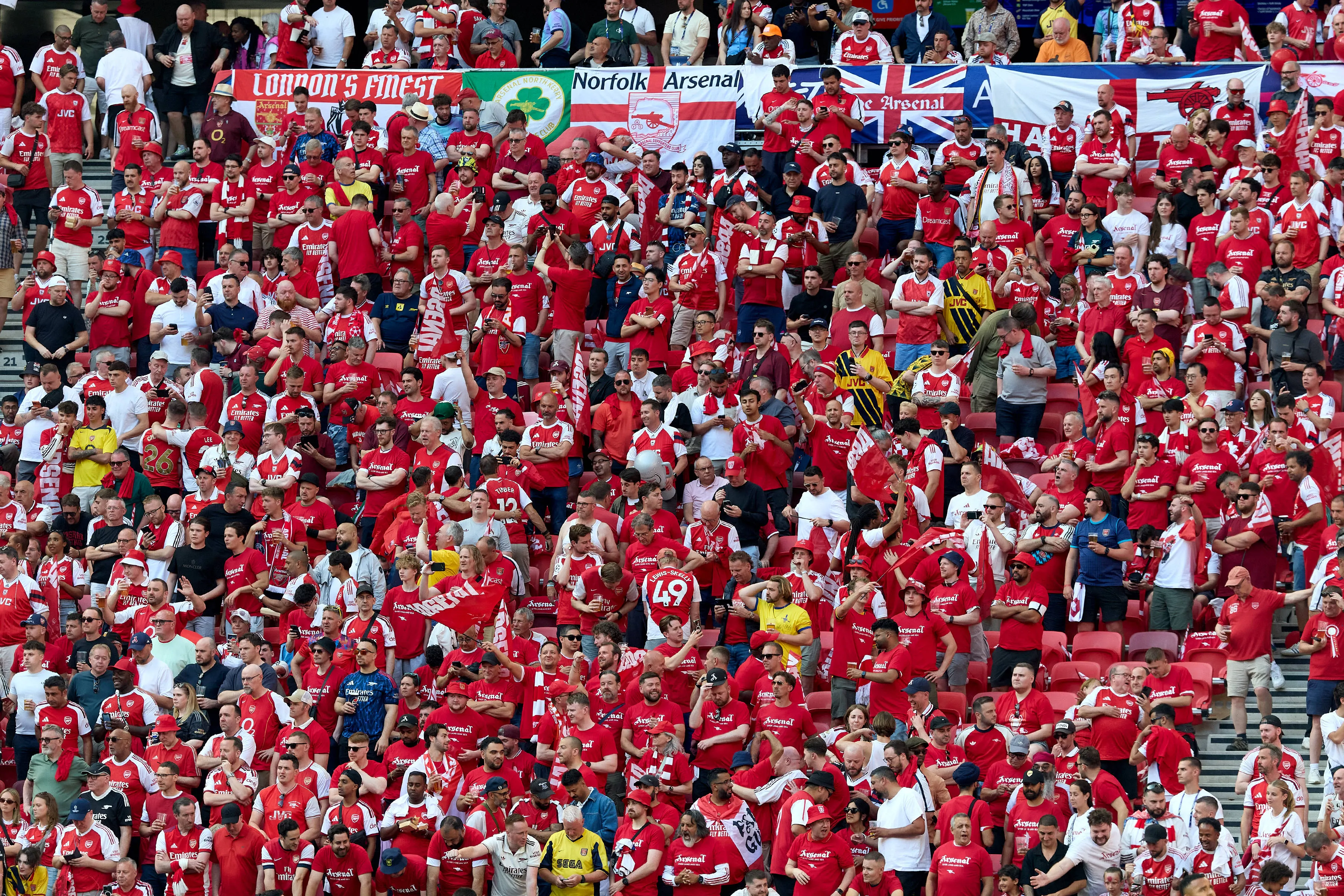 Arsenal supporters ahead of the UEFA Champions League 2025-26 Final vs Paris Saint-Germain at the Puskas Arena