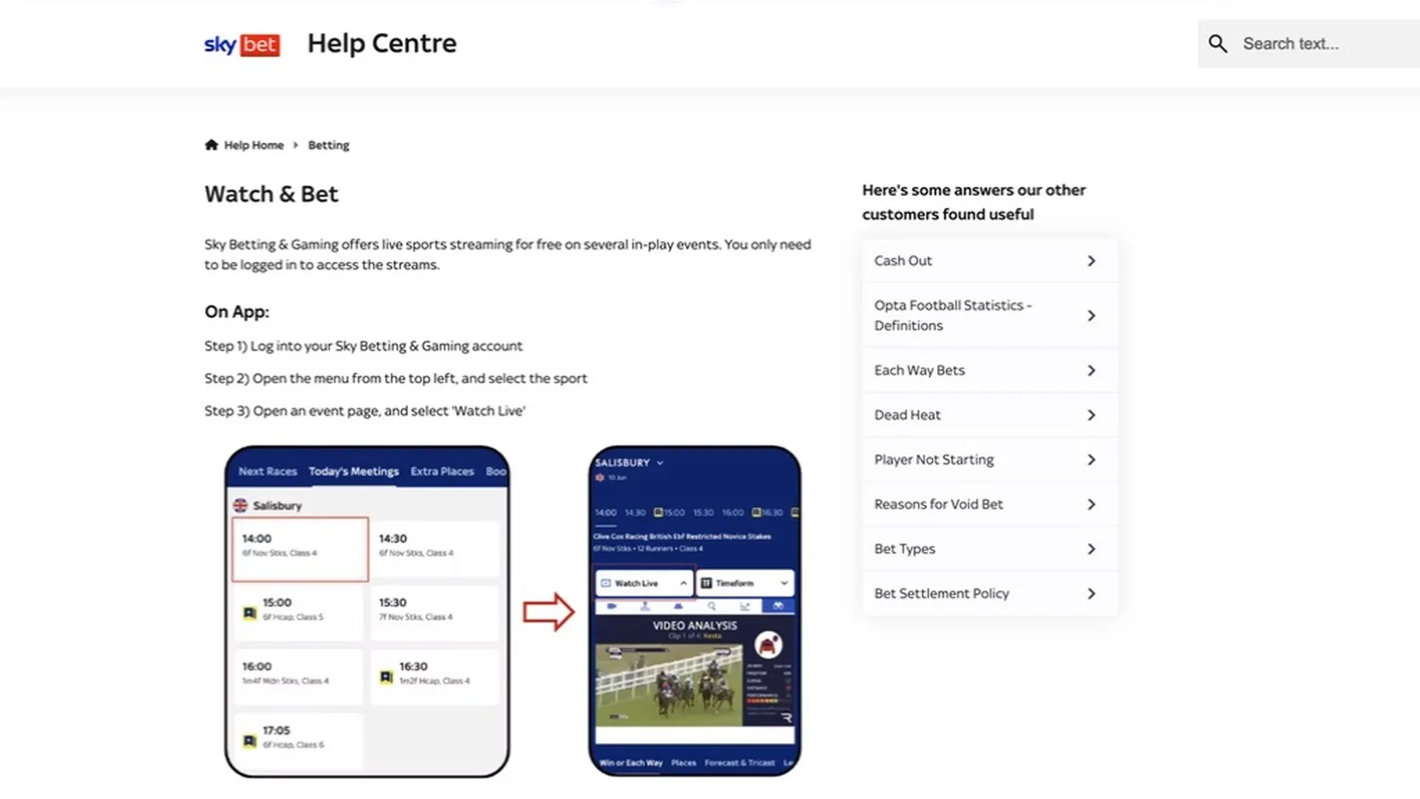 Sky Bet Watch and Bet help page stating in-play streaming is free and only requires being logged in