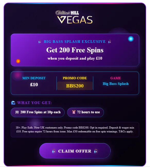 William Hill Vegas casino welcome offer details - get 200 free spins