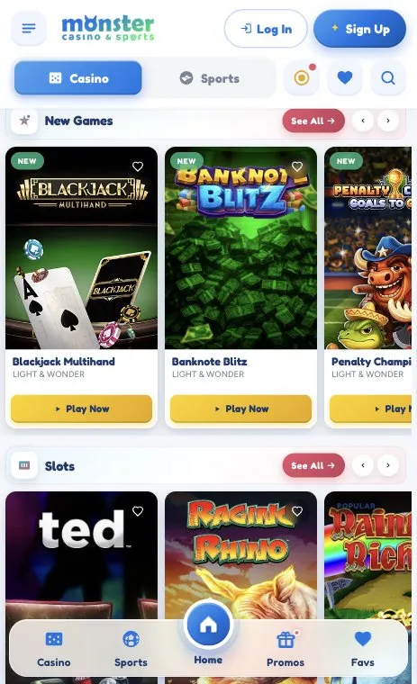 Monster Casino games lobby on mobile