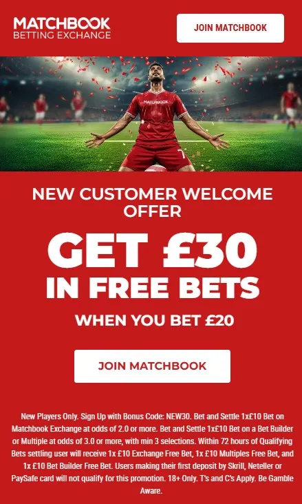 matchbook new customer offer: get &pound;30 free bets