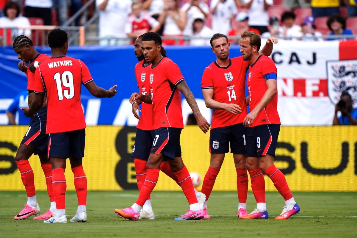 England celebrate a goal in a warm-up friendly in Florida before the 2026 World Cup.